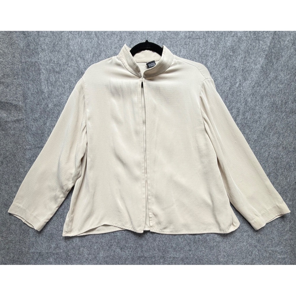 Eileen Fisher Silk Mandarin Collar Cardigan Jacket Beige Tan Large Quiet Luxury